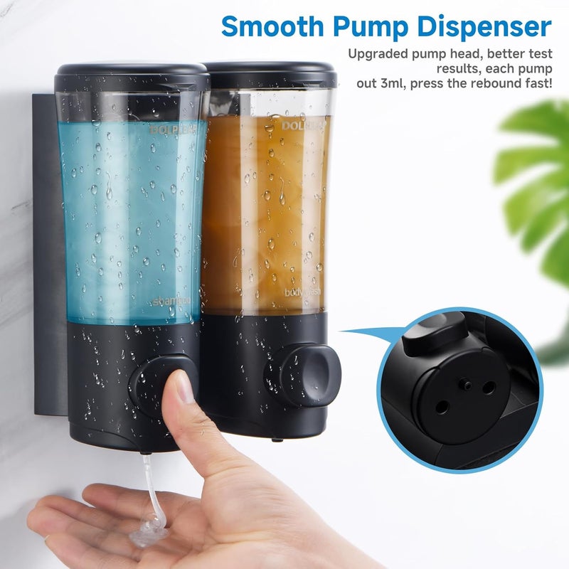 DOLPLEAP Shampoo Conditioner Body Wash Dispenser No Drill Shower Soap Dispenser Wall Mounted Shampoo Dispenser 2 Chamber with Upgrade Pump Head Bathroom Soap Dispenser 450ml/Each Black - Image 3
